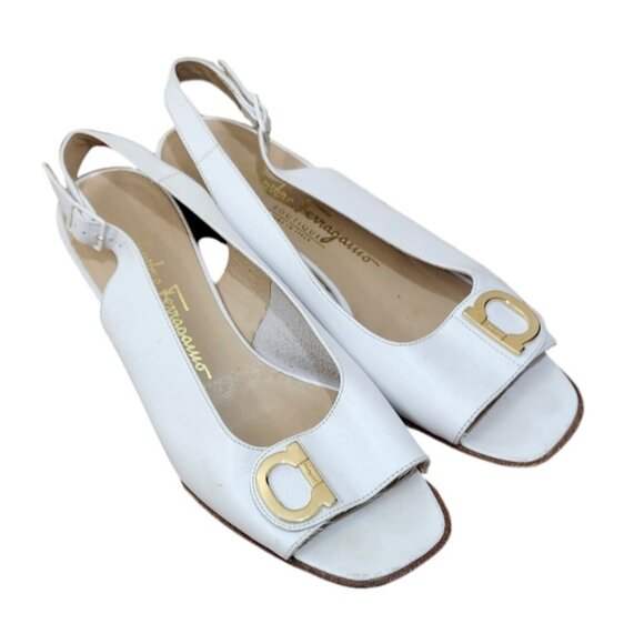 Salvatore Ferragamo White Leather Logo Accent Peep Toe Low Heel Slingbacks 7B - Picture 4 of 13